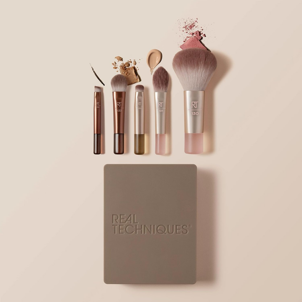 Real Techniques New Nudes 2.0 On-The-Glow Mini Brush Set + Mirrored Compact