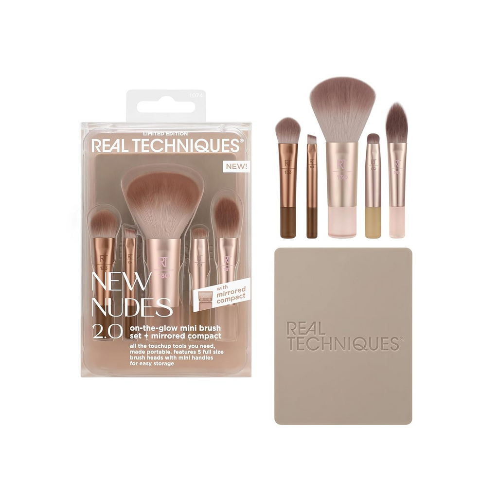 Real Techniques New Nudes 2.0 On-The-Glow Mini Brush Set + Mirrored Compact