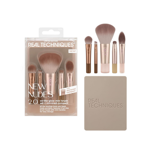 Real Techniques New Nudes 2.0 On-The-Glow Mini Brush Set + Mirrored Compact