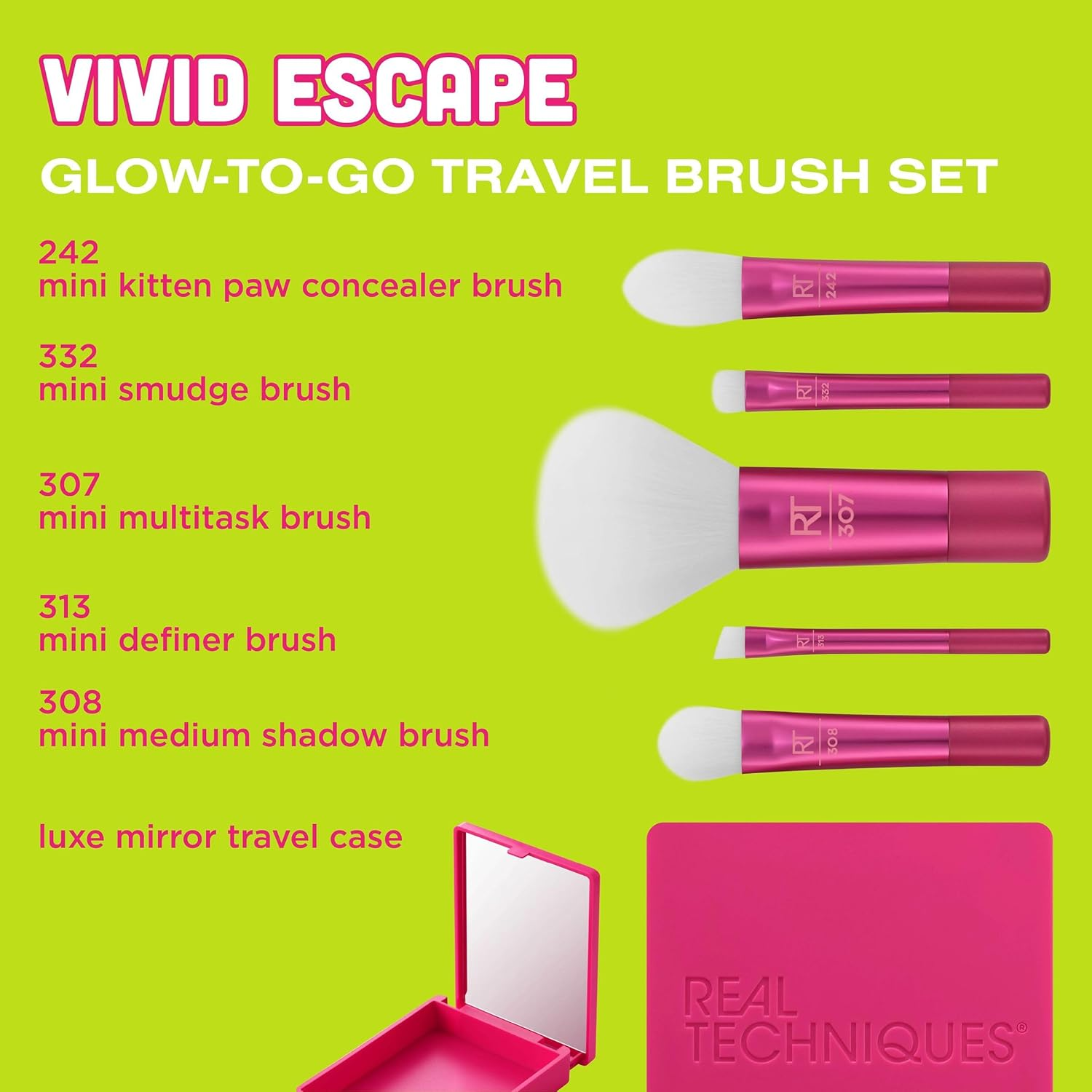 Real Techniques Vivid Escape Glow To Go Travel Brush Kit + Mirrored Compact