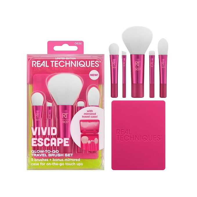Real Techniques Vivid Escape Glow To Go Travel Brush Kit + Mirrored Compact