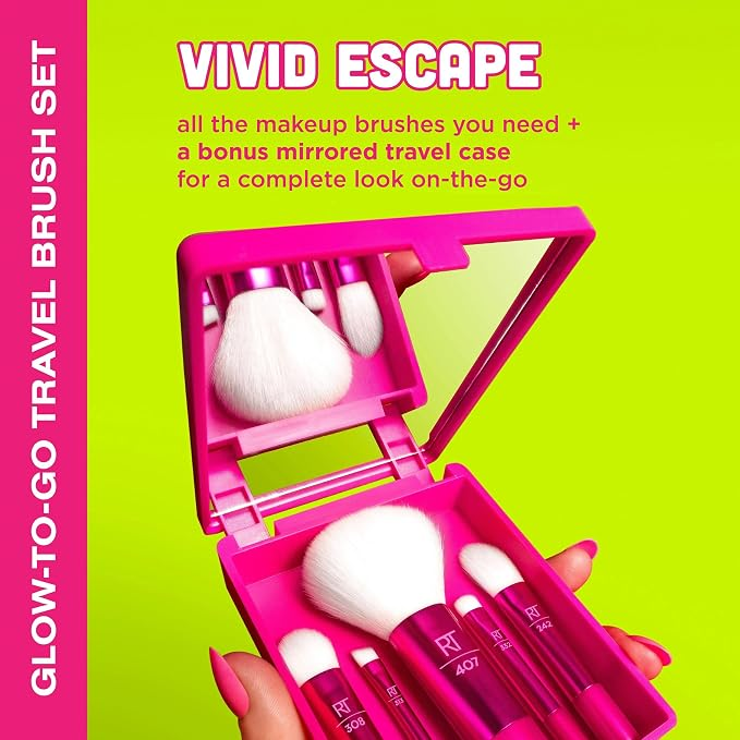 Real Techniques Vivid Escape Glow To Go Travel Brush Kit + Mirrored Compact