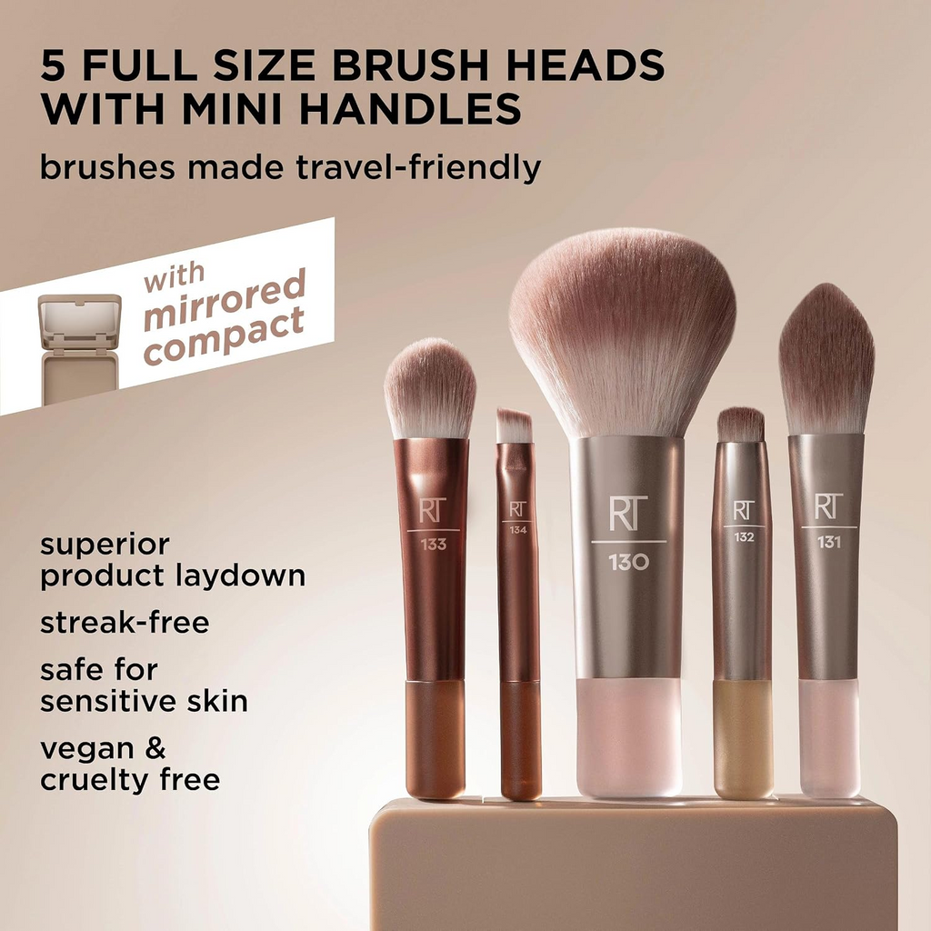 Real Techniques New Nudes 2.0 On-The-Glow Mini Brush Set + Mirrored Compact