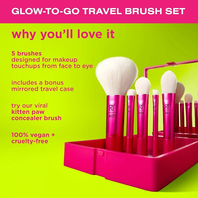 Real Techniques Vivid Escape Glow To Go Travel Brush Kit + Mirrored Compact
