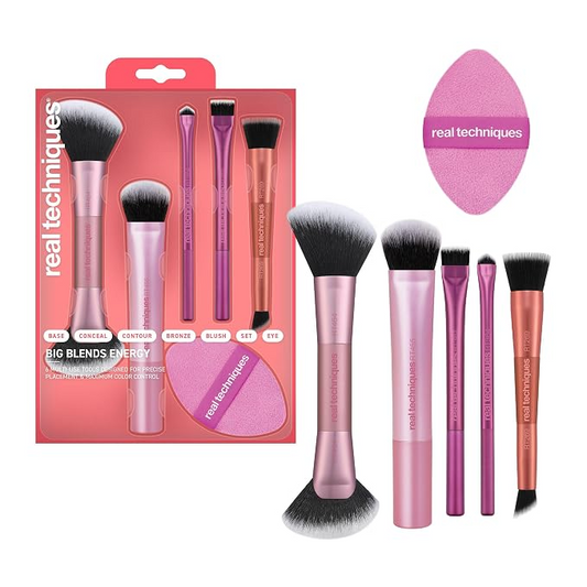 Real Techniques Big Blends Energy Brush + Dual-Sided Puff Set – 6 Piece Set