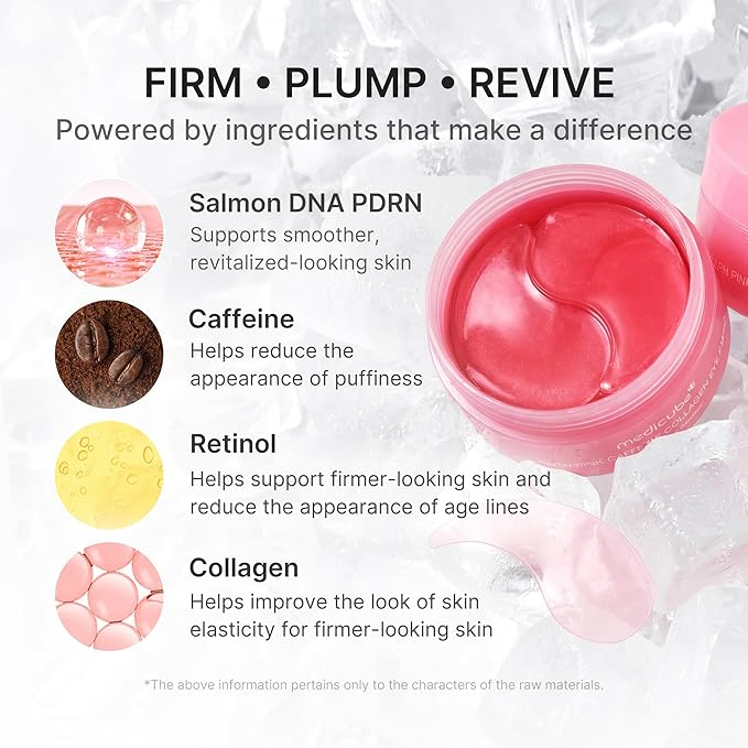 Medicube eye patches formulated with PDRN Caffeine Retinol and Collagen for firmer brighter under-eyes