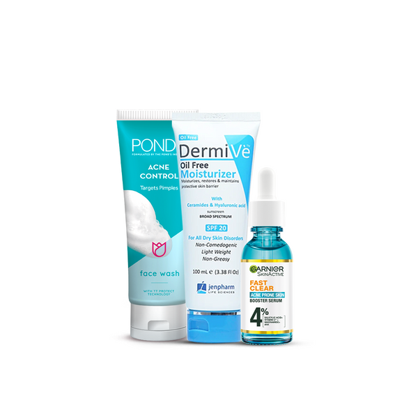Jenpharm Dermive Oil Free Moisturizer Lotion 100Ml + Ponds Acne Control Face Wash - 50G + Garnier Fast Clear Serum for Acne Prone Skin 15ml