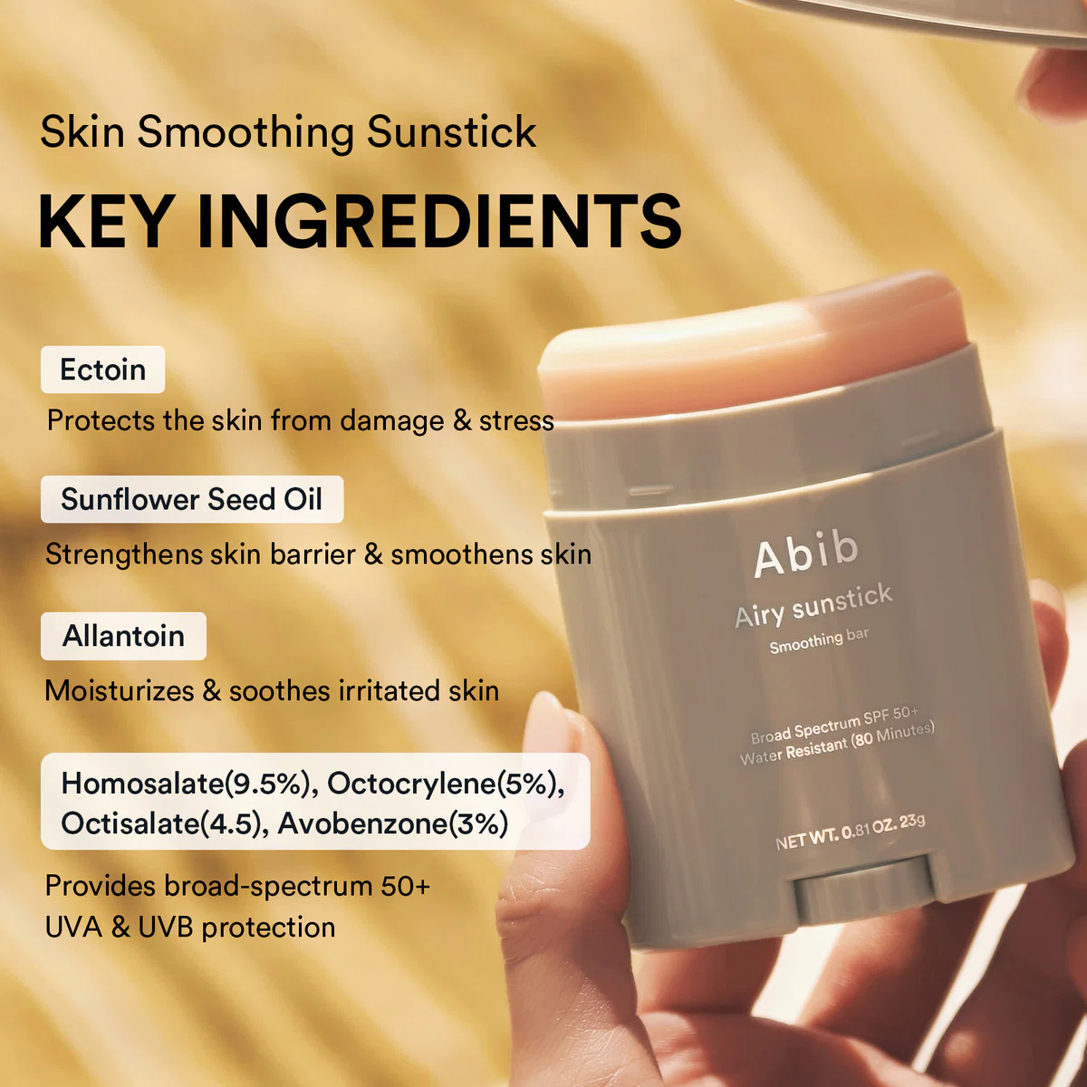 Abib Airy Sunstick with ectoin sunflower seed oil and allantoin