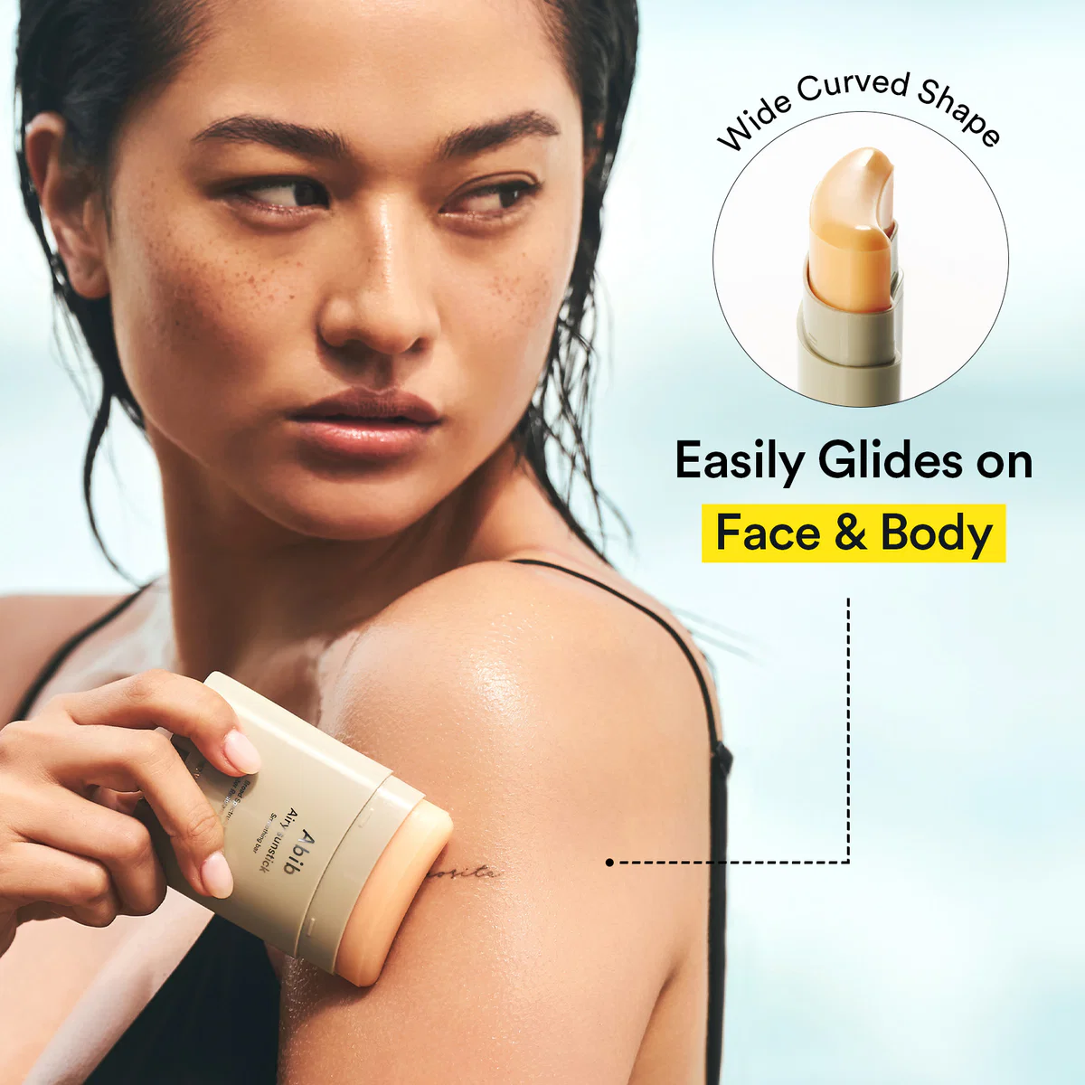Wide curved shape of Abib Airy Sunstick for face and body