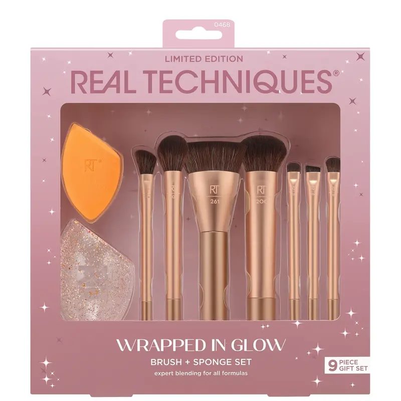 Real Techniques Wrapped In Glow Brush + Sponge 9 Piece Holiday Gift Set Real Technique